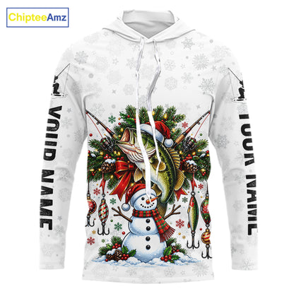 Custom Christmas Bass Fishing Shirt Snowman Fishing Rod Long Sleeve Apparel Xmas Gift For Fishermen NYN4880