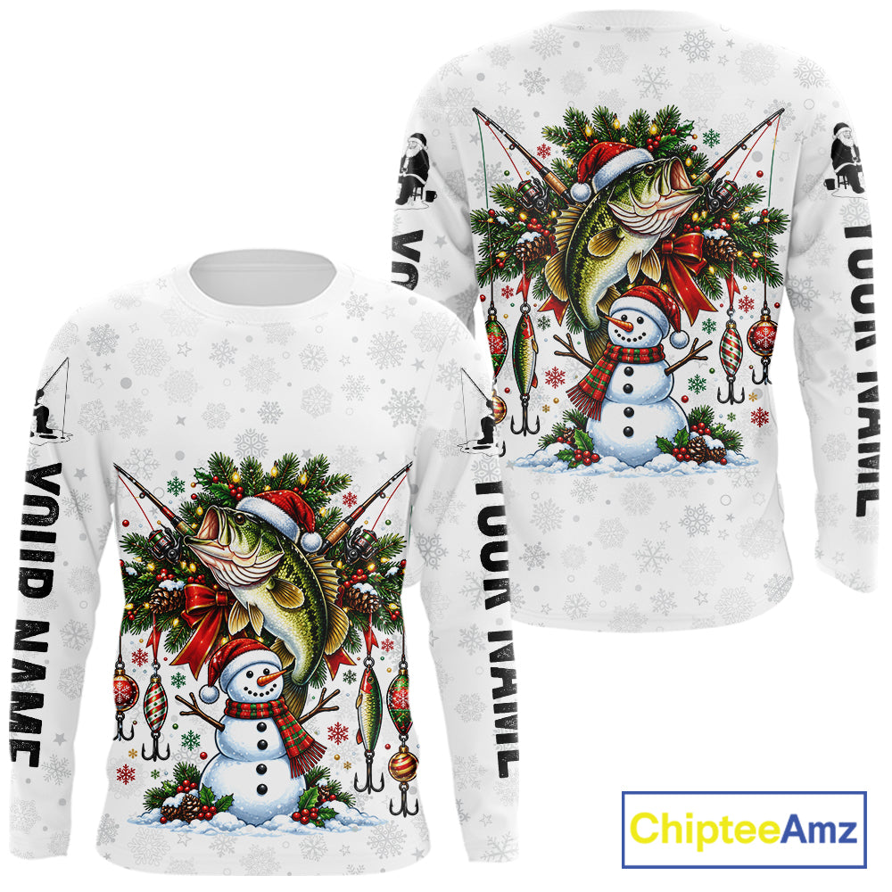 Custom Christmas Bass Fishing Shirt Snowman Fishing Rod Long Sleeve Apparel Xmas Gift For Fishermen NYN4880