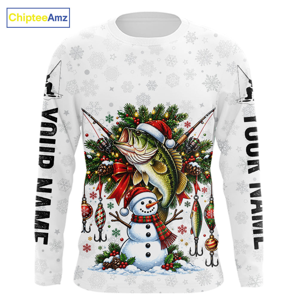 Custom Christmas Bass Fishing Shirt Snowman Fishing Rod Long Sleeve Apparel Xmas Gift For Fishermen NYN4880