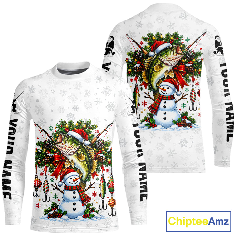 Custom Christmas Bass Fishing Shirt Snowman Fishing Rod Long Sleeve Apparel Xmas Gift For Fishermen NYN4880
