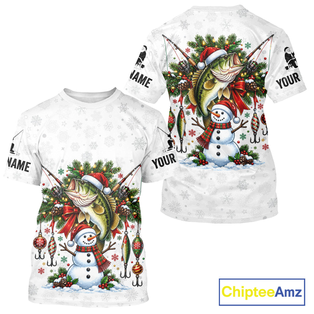 Custom Christmas Bass Fishing Shirt Snowman Fishing Rod Long Sleeve Apparel Xmas Gift For Fishermen NYN4880