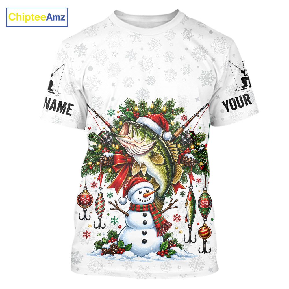 Custom Christmas Bass Fishing Shirt Snowman Fishing Rod Long Sleeve Apparel Xmas Gift For Fishermen NYN4880