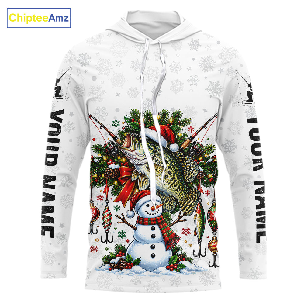 Custom Christmas Crappie Fishing Shirt Snowman Fishing Rod Long Sleeve Apparel Xmas Gift For Fishermen NYN4881