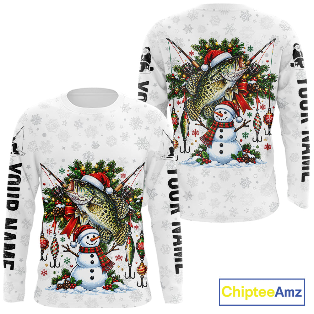 Custom Christmas Crappie Fishing Shirt Snowman Fishing Rod Long Sleeve Apparel Xmas Gift For Fishermen NYN4881