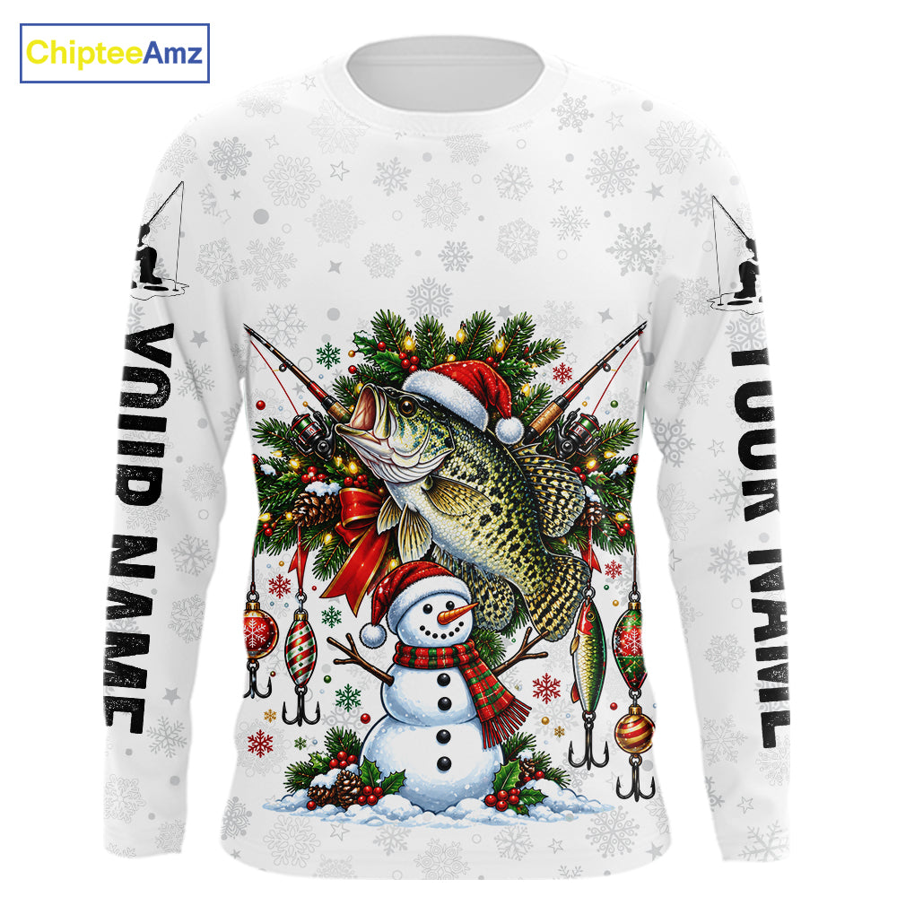 Custom Christmas Crappie Fishing Shirt Snowman Fishing Rod Long Sleeve Apparel Xmas Gift For Fishermen NYN4881