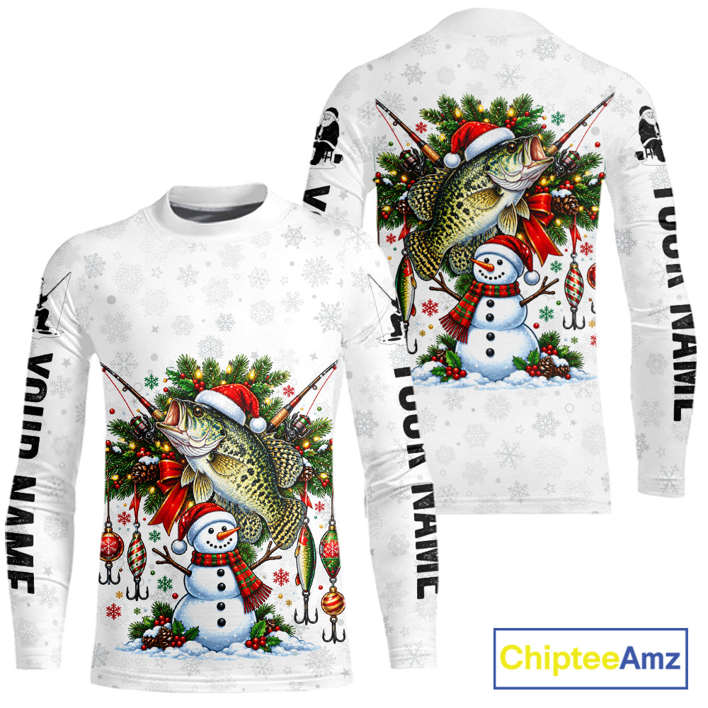 Custom Christmas Crappie Fishing Shirt Snowman Fishing Rod Long Sleeve Apparel Xmas Gift For Fishermen NYN4881