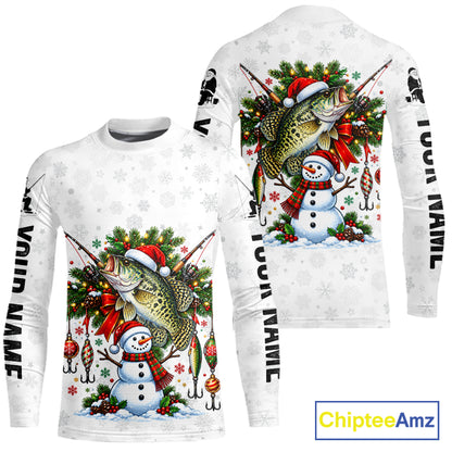 Custom Christmas Crappie Fishing Shirt Snowman Fishing Rod Long Sleeve Apparel Xmas Gift For Fishermen NYN4881