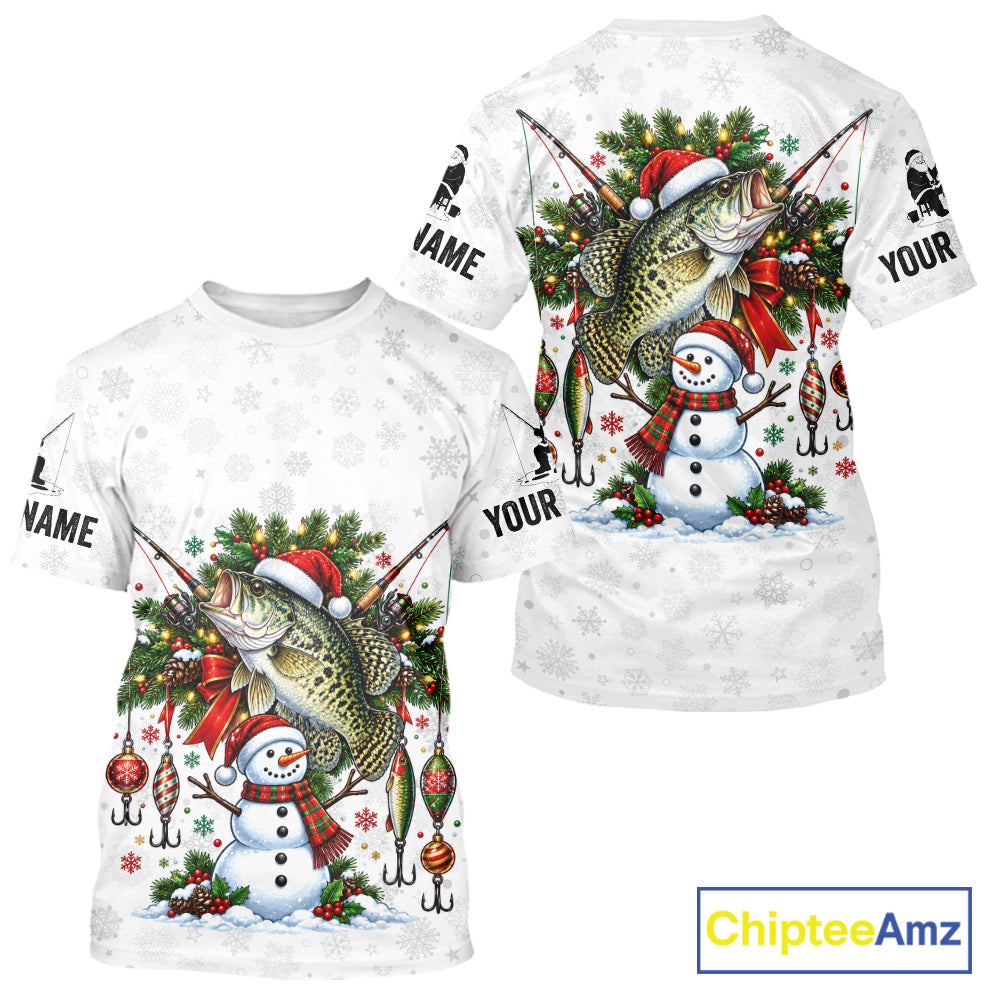 Custom Christmas Crappie Fishing Shirt Snowman Fishing Rod Long Sleeve Apparel Xmas Gift For Fishermen NYN4881