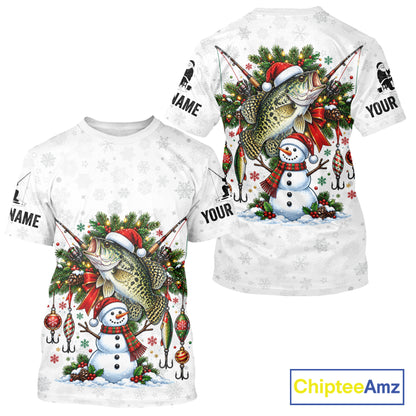 Custom Christmas Crappie Fishing Shirt Snowman Fishing Rod Long Sleeve Apparel Xmas Gift For Fishermen NYN4881
