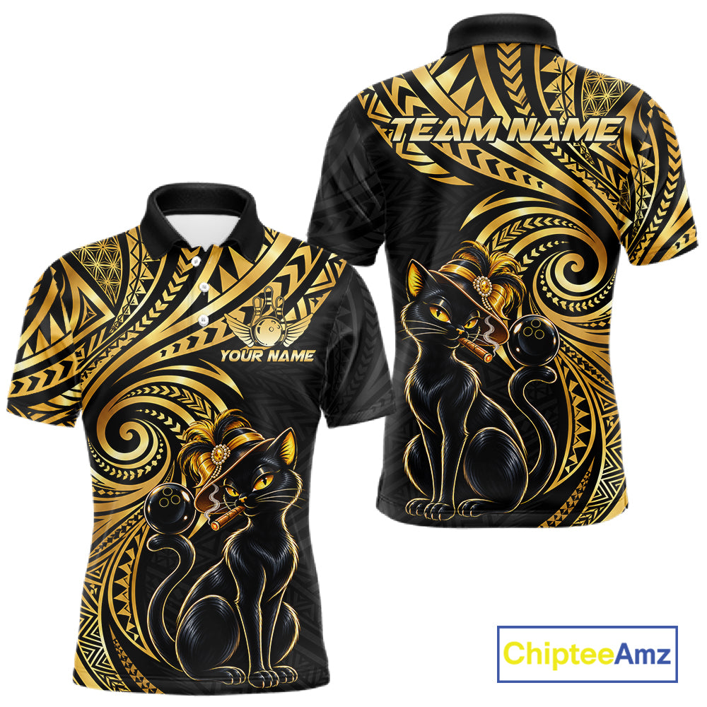 Slay Cat Bowling Polo Quarter-Zip Shirt For Men Custom Black And Gold Tribal Bowling Team Jersey NYN4885
