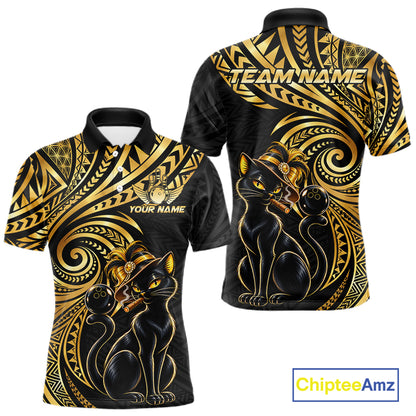 Slay Cat Bowling Polo Quarter-Zip Shirt For Men Custom Black And Gold Tribal Bowling Team Jersey NYN4885
