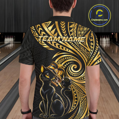 Slay Cat Bowling Polo Quarter-Zip Shirt For Men Custom Black And Gold Tribal Bowling Team Jersey NYN4885