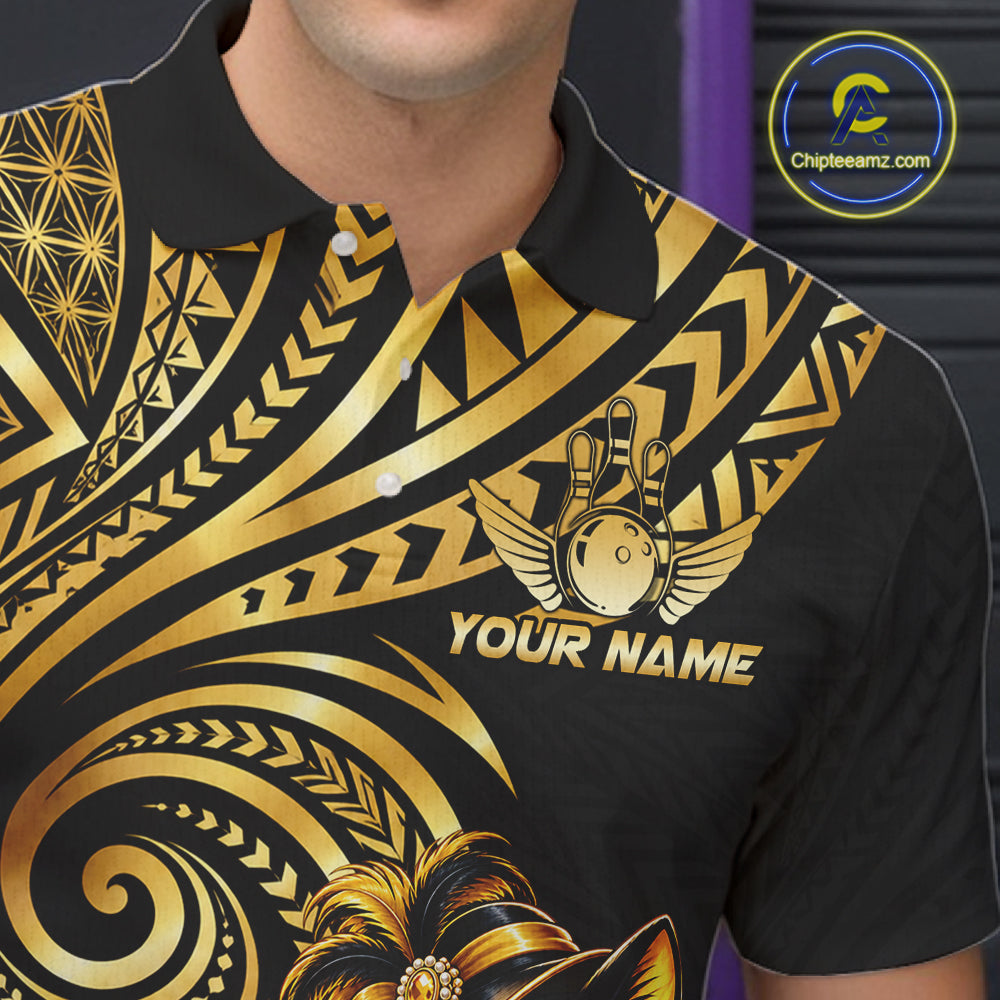 Slay Cat Bowling Polo Quarter-Zip Shirt For Men Custom Black And Gold Tribal Bowling Team Jersey NYN4885