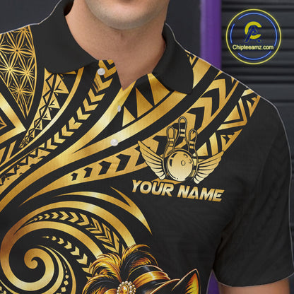 Slay Cat Bowling Polo Quarter-Zip Shirt For Men Custom Black And Gold Tribal Bowling Team Jersey NYN4885