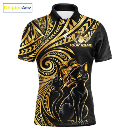 Slay Cat Bowling Polo Quarter-Zip Shirt For Men Custom Black And Gold Tribal Bowling Team Jersey NYN4885