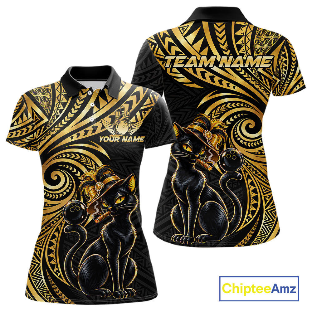 Slay Cat Bowling Polo Quarter-Zip Shirt For Women Custom Black And Gold Tribal Bowling Team Jersey NYN4885