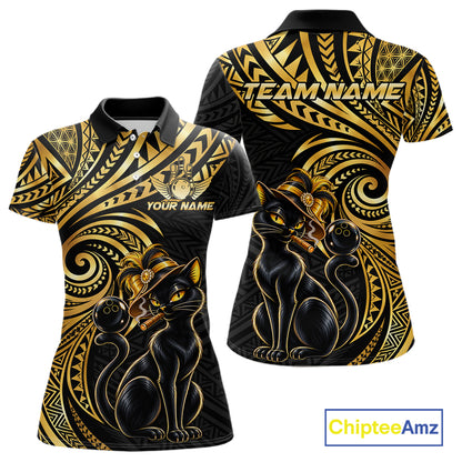 Slay Cat Bowling Polo Quarter-Zip Shirt For Women Custom Black And Gold Tribal Bowling Team Jersey NYN4885