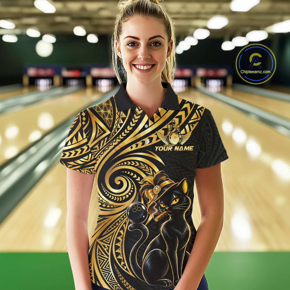 Slay Cat Bowling Polo Quarter-Zip Shirt For Women Custom Black And Gold Tribal Bowling Team Jersey NYN4885