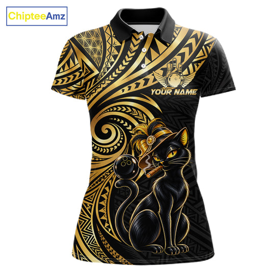 Slay Cat Bowling Polo Quarter-Zip Shirt For Women Custom Black And Gold Tribal Bowling Team Jersey NYN4885