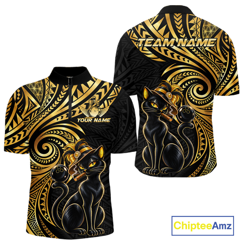 Slay Cat Bowling Polo Quarter-Zip Shirt For Men Custom Black And Gold Tribal Bowling Team Jersey NYN4885