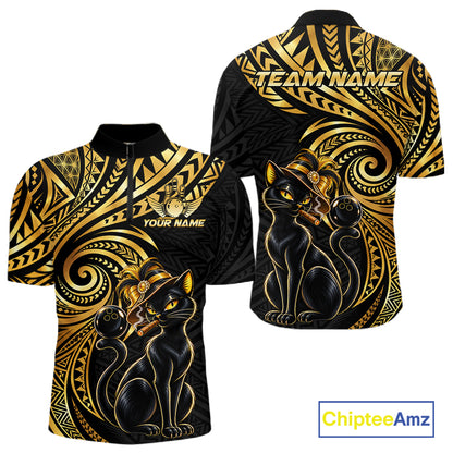 Slay Cat Bowling Polo Quarter-Zip Shirt For Men Custom Black And Gold Tribal Bowling Team Jersey NYN4885