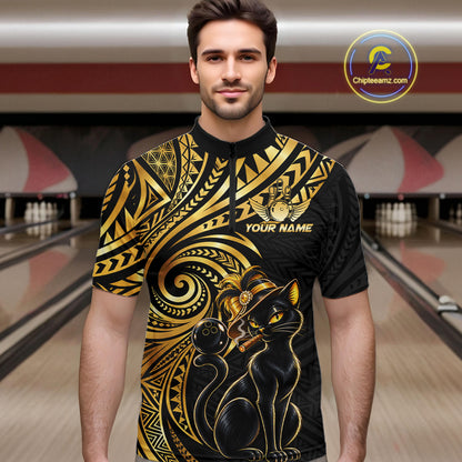 Slay Cat Bowling Polo Quarter-Zip Shirt For Men Custom Black And Gold Tribal Bowling Team Jersey NYN4885