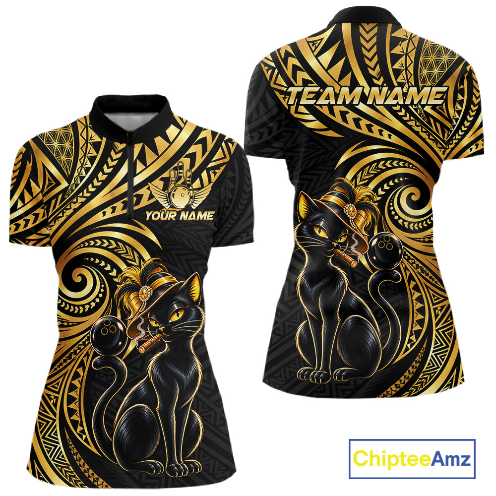 Slay Cat Bowling Polo Quarter-Zip Shirt For Women Custom Black And Gold Tribal Bowling Team Jersey NYN4885