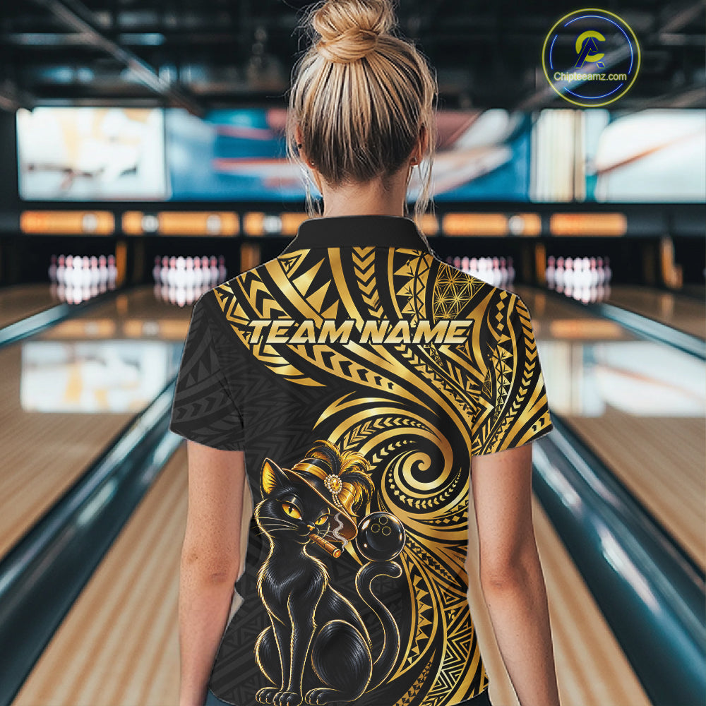 Slay Cat Bowling Polo Quarter-Zip Shirt For Women Custom Black And Gold Tribal Bowling Team Jersey NYN4885