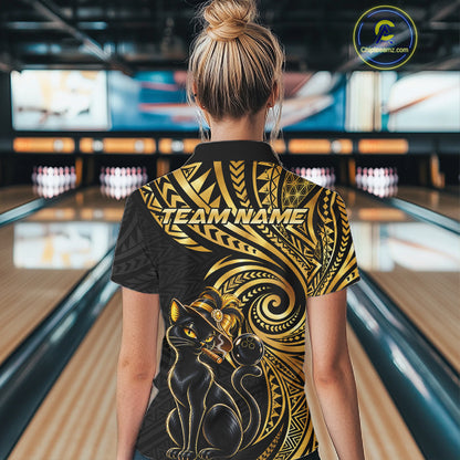 Slay Cat Bowling Polo Quarter-Zip Shirt For Women Custom Black And Gold Tribal Bowling Team Jersey NYN4885