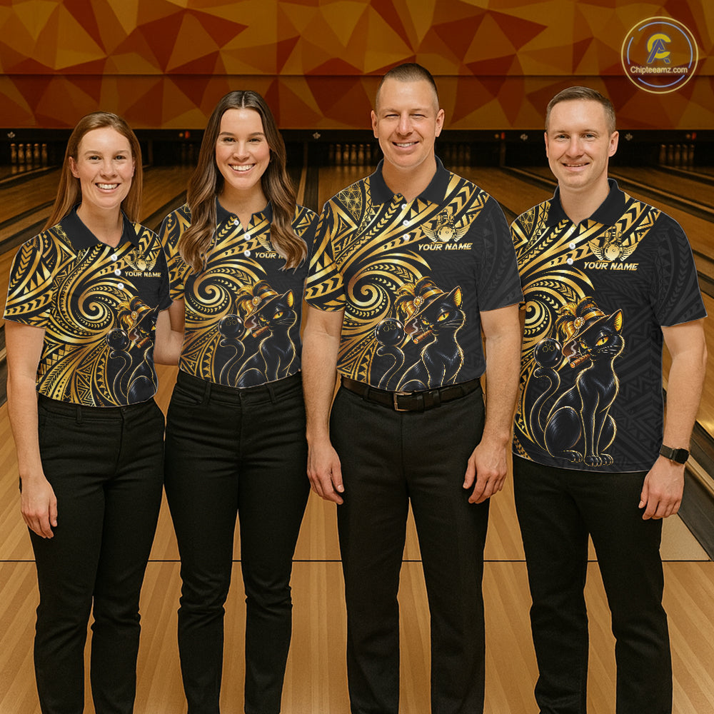 Slay Cat Bowling Polo Quarter-Zip Shirt For Women Custom Black And Gold Tribal Bowling Team Jersey NYN4885