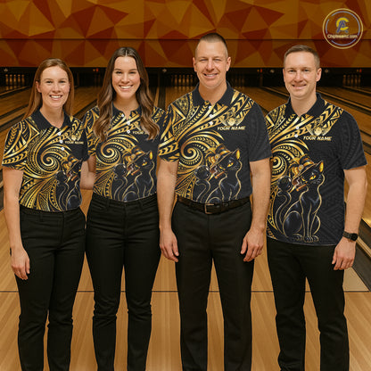 Slay Cat Bowling Polo Quarter-Zip Shirt For Women Custom Black And Gold Tribal Bowling Team Jersey NYN4885