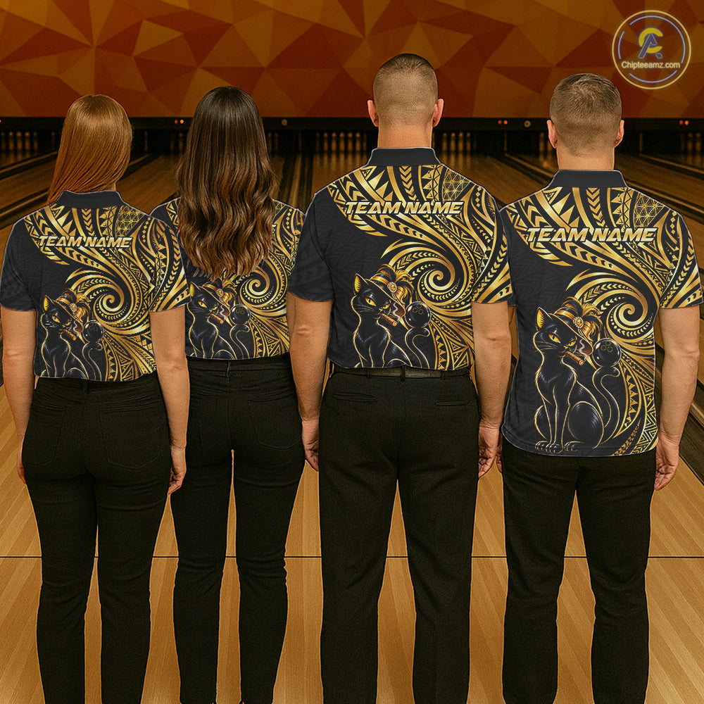 Slay Cat Bowling Polo Quarter-Zip Shirt For Women Custom Black And Gold Tribal Bowling Team Jersey NYN4885