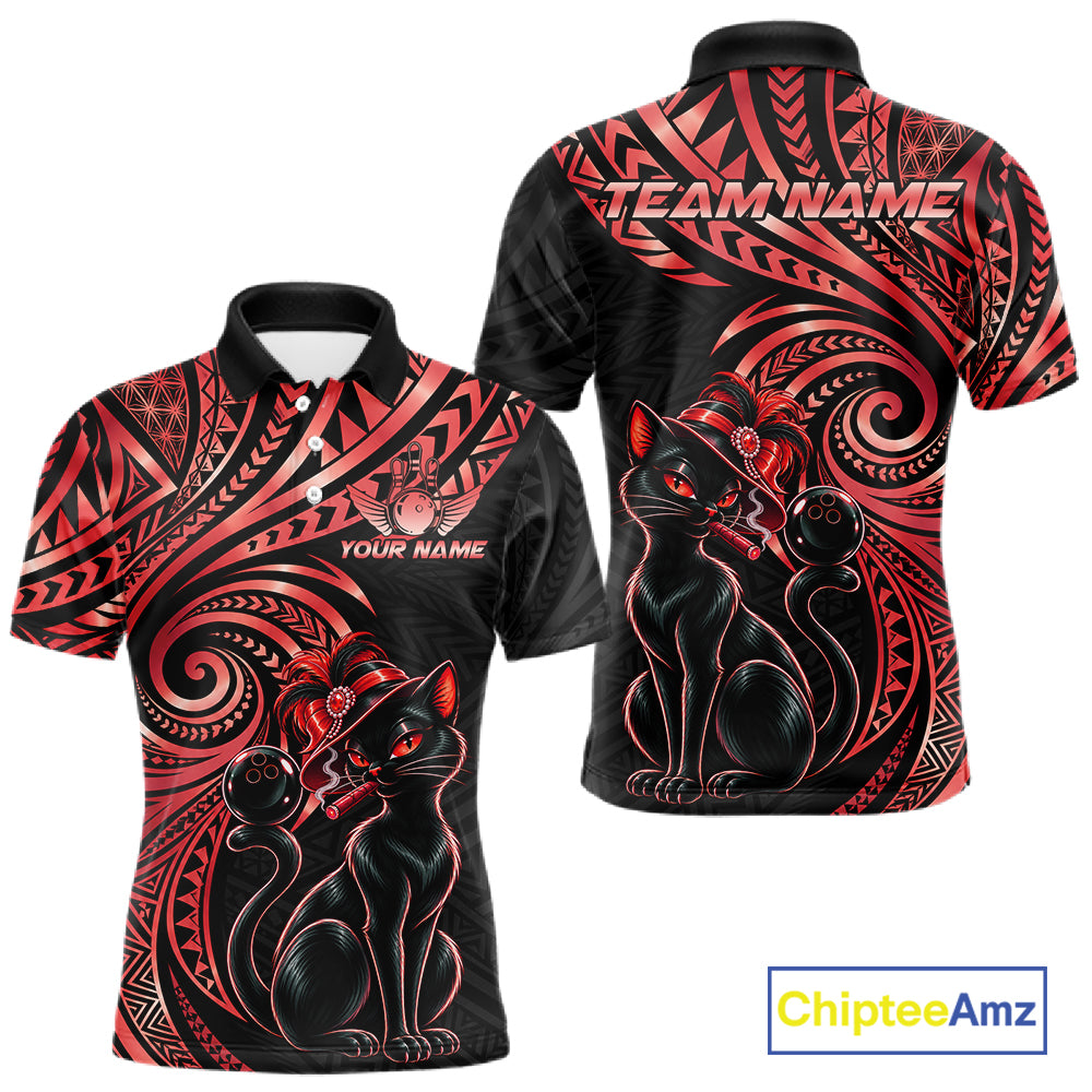 Slay Cat Bowling Polo Quarter-Zip Shirt For Men Custom Black And Red Tribal Bowling Team Jersey NYN4886