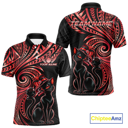 Slay Cat Bowling Polo Quarter-Zip Shirt For Men Custom Black And Red Tribal Bowling Team Jersey NYN4886