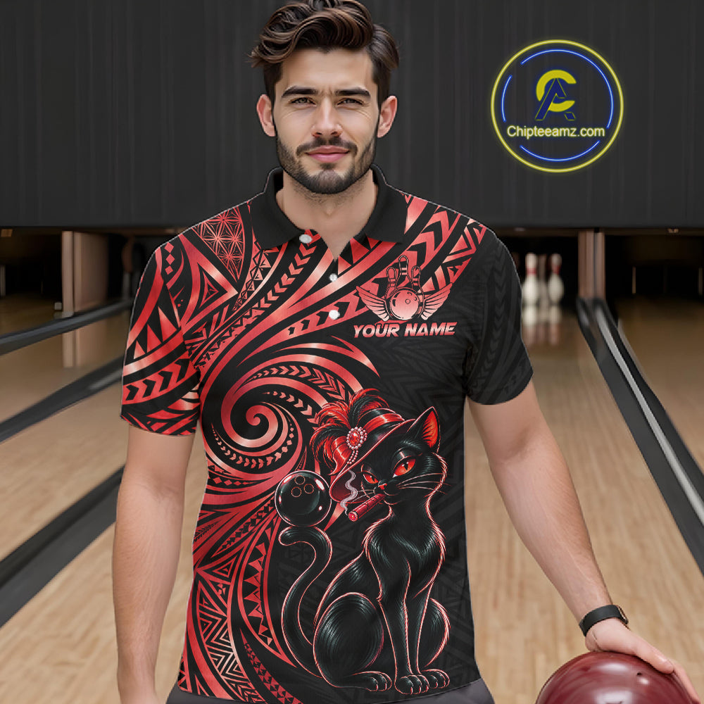 Slay Cat Bowling Polo Quarter-Zip Shirt For Men Custom Black And Red Tribal Bowling Team Jersey NYN4886