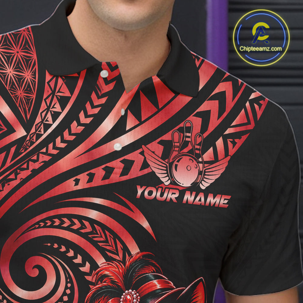 Slay Cat Bowling Polo Quarter-Zip Shirt For Men Custom Black And Red Tribal Bowling Team Jersey NYN4886