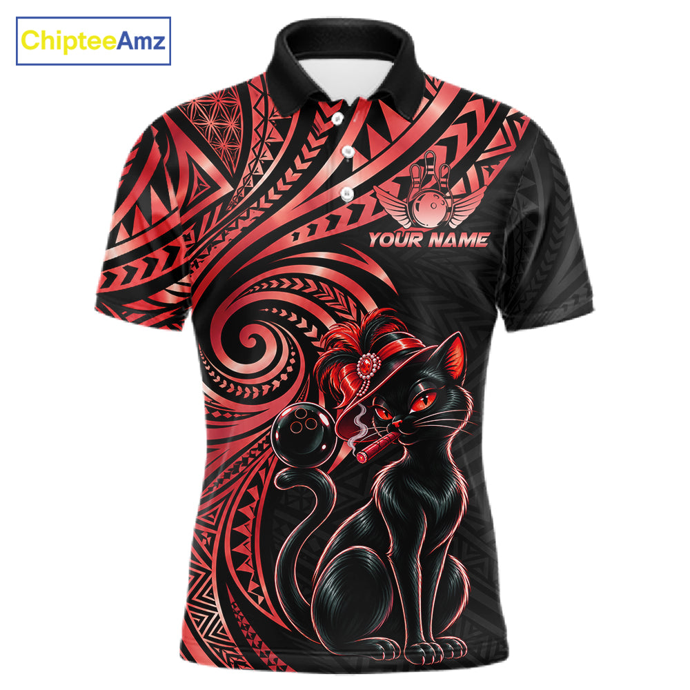 Slay Cat Bowling Polo Quarter-Zip Shirt For Men Custom Black And Red Tribal Bowling Team Jersey NYN4886