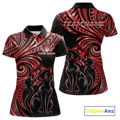 Slay Cat Bowling Polo Quarter-Zip Shirt For Women Custom Black And Red Tribal Bowling Team Jersey NYN4886