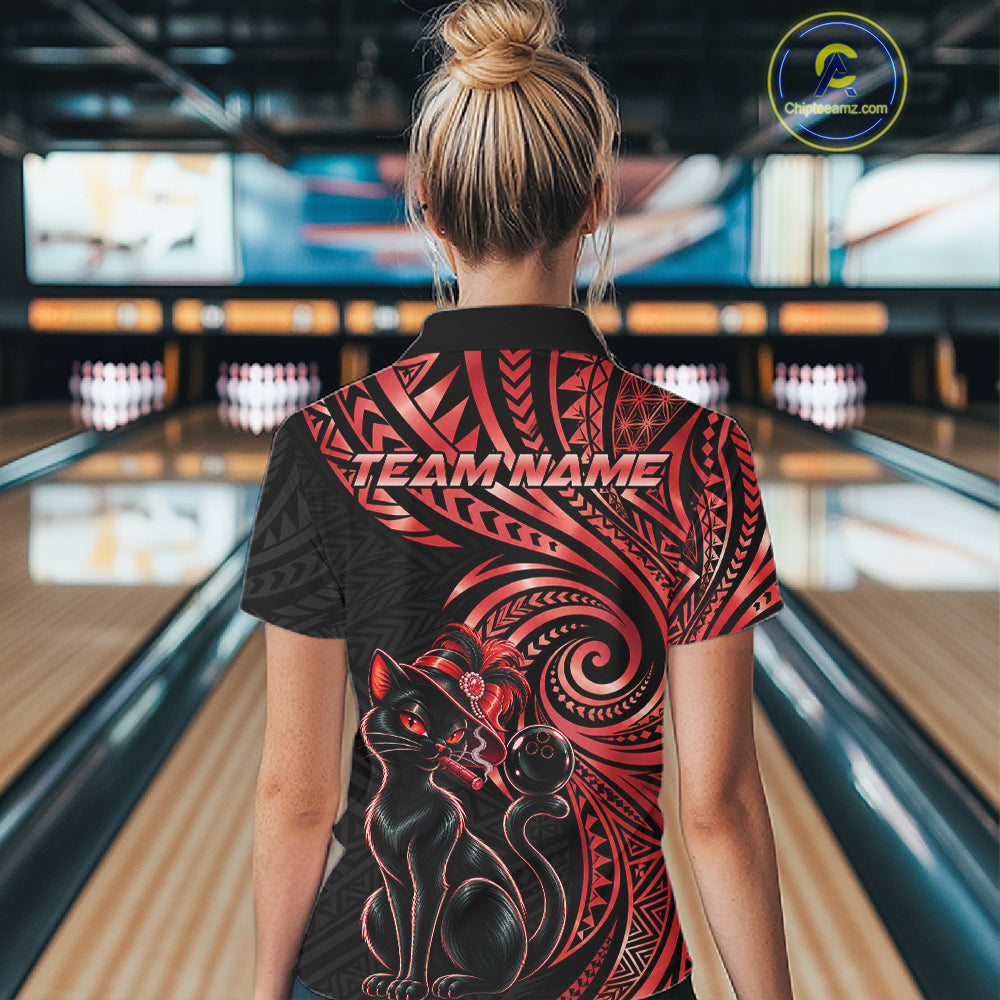 Slay Cat Bowling Polo Quarter-Zip Shirt For Women Custom Black And Red Tribal Bowling Team Jersey NYN4886