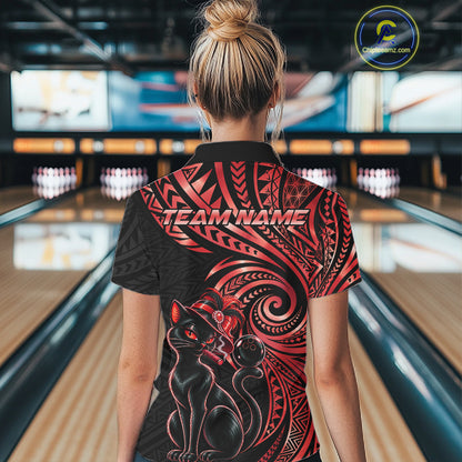 Slay Cat Bowling Polo Quarter-Zip Shirt For Women Custom Black And Red Tribal Bowling Team Jersey NYN4886