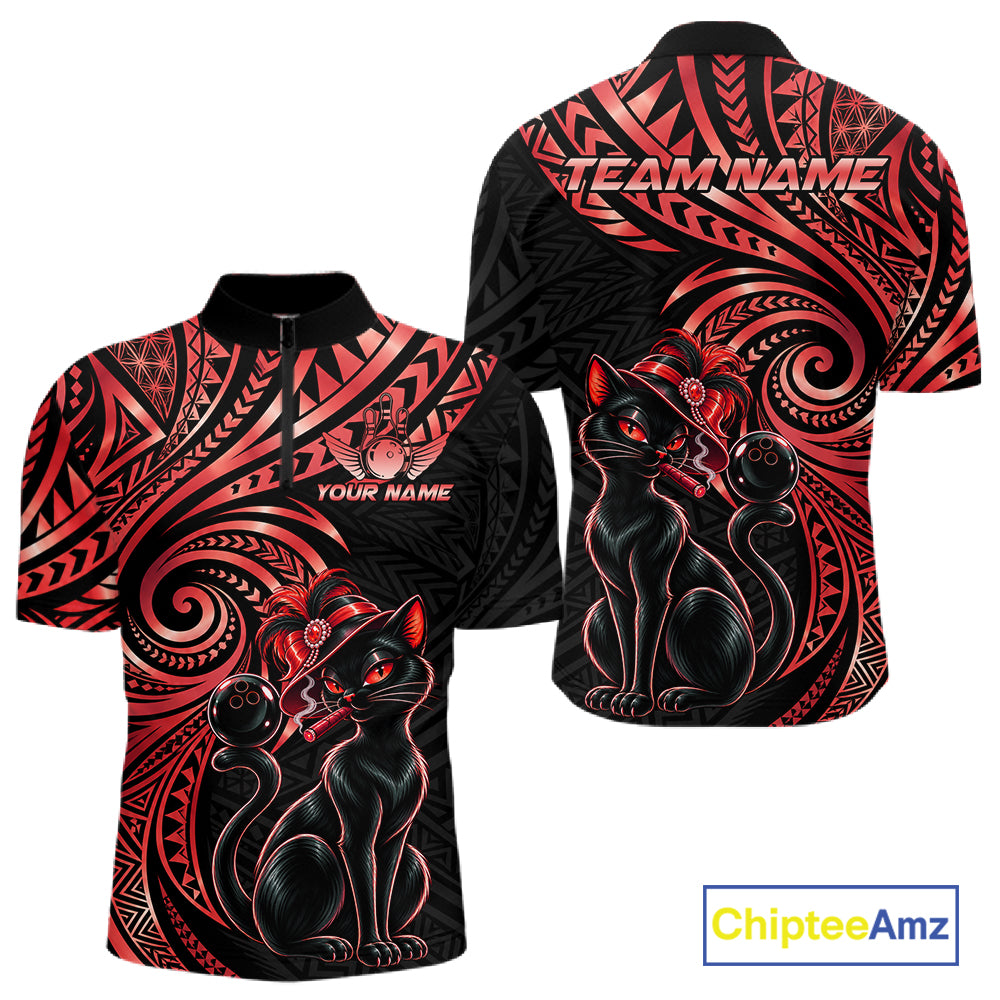 Slay Cat Bowling Polo Quarter-Zip Shirt For Men Custom Black And Red Tribal Bowling Team Jersey NYN4886