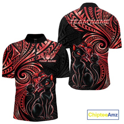 Slay Cat Bowling Polo Quarter-Zip Shirt For Men Custom Black And Red Tribal Bowling Team Jersey NYN4886