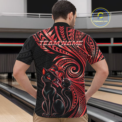 Slay Cat Bowling Polo Quarter-Zip Shirt For Men Custom Black And Red Tribal Bowling Team Jersey NYN4886