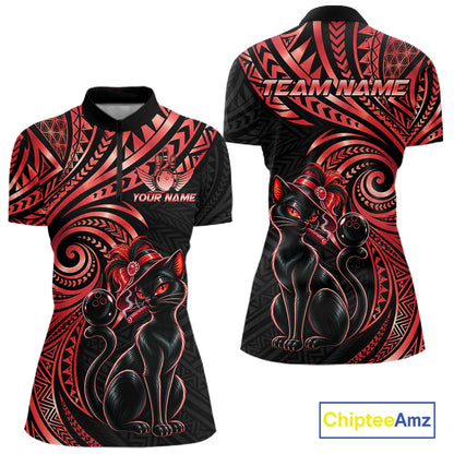 Slay Cat Bowling Polo Quarter-Zip Shirt For Women Custom Black And Red Tribal Bowling Team Jersey NYN4886