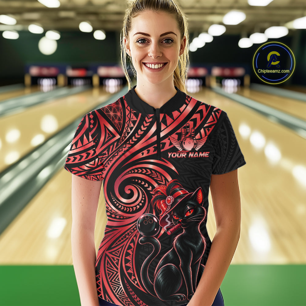 Slay Cat Bowling Polo Quarter-Zip Shirt For Women Custom Black And Red Tribal Bowling Team Jersey NYN4886