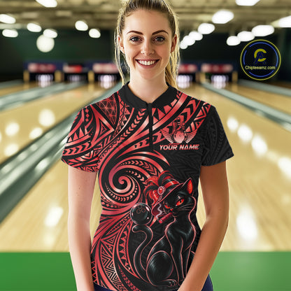Slay Cat Bowling Polo Quarter-Zip Shirt For Women Custom Black And Red Tribal Bowling Team Jersey NYN4886