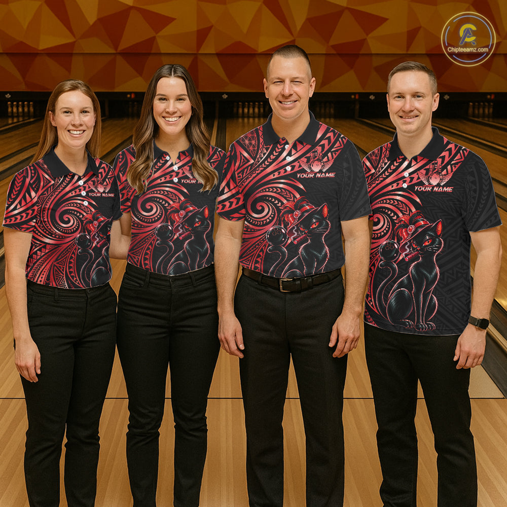 Slay Cat Bowling Polo Quarter-Zip Shirt For Women Custom Black And Red Tribal Bowling Team Jersey NYN4886