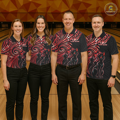 Slay Cat Bowling Polo Quarter-Zip Shirt For Women Custom Black And Red Tribal Bowling Team Jersey NYN4886