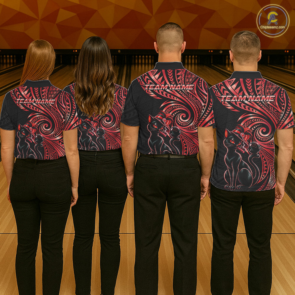 Slay Cat Bowling Polo Quarter-Zip Shirt For Women Custom Black And Red Tribal Bowling Team Jersey NYN4886