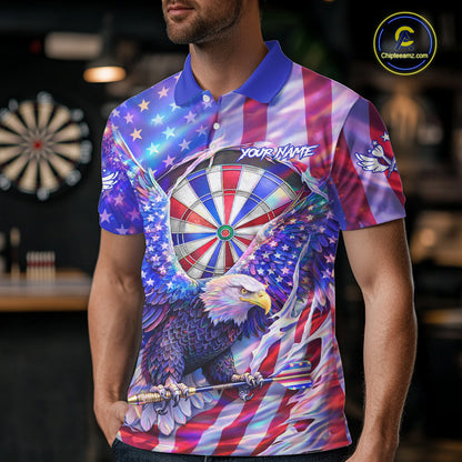 Funny Eagle Freedom Patriotic Darts Polo Shirt For Men Custom Holographic US Flag Dart Jerseys NYN2520